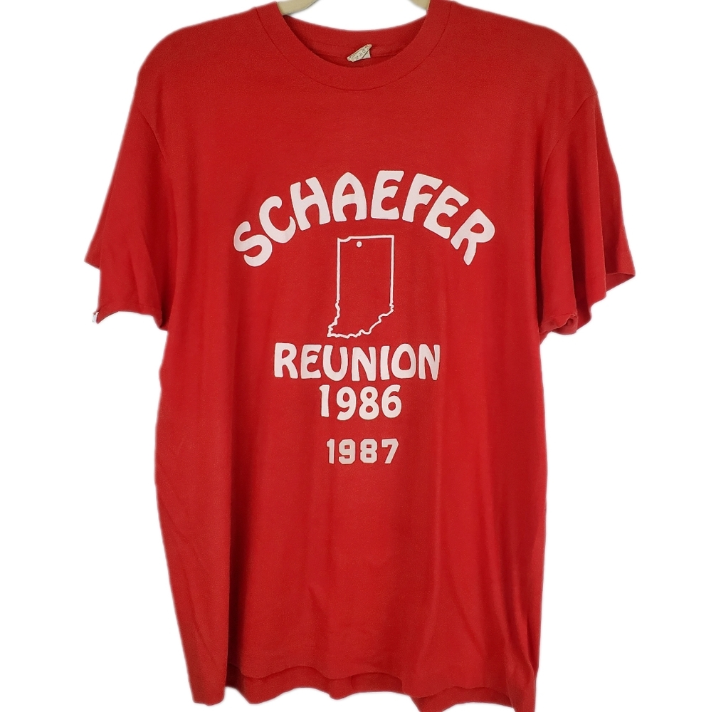 VTG 1987 Screen Stars Indiana Schaefer Reunion Shirt Single Stitch XL Y M Adult